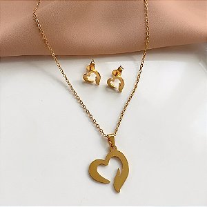 COLAR E BRINCO KIT CORAÇÃO DESENHADO DOURADO AÇO 316L⭐️