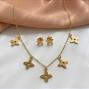 COLAR E BRINCO KIT TREVOS VAZADOS DOURADO AÇO 316L⭐️