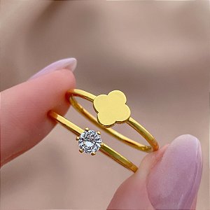 ANEL KIT SOLITÁRIO E TREVO DOURADO AÇO 316L⭐️