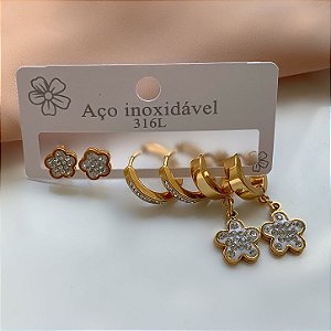 BRINCO KIT ARGOLINHAS FLORES CRISTAIS DOURADO AÇO 316L⭐️