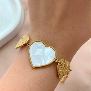 PULSEIRA CORAÇÃO MADREPÉROLA E MARTELADO DOURADO AÇO 316L⭐️