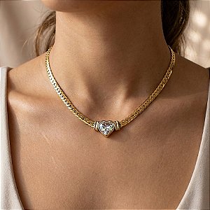 COLAR CORRENTE GROSSA CORAÇÃO G ZIRCÔNIA DOURADO AÇO 316L⭐️