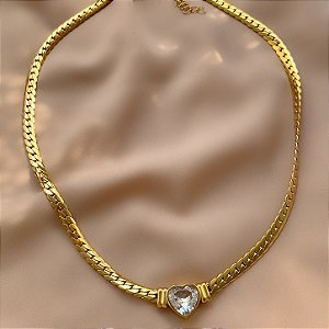 COLAR CORRENTE GROSSA CORAÇÃO G ZIRCÔNIA DOURADO AÇO 316L⭐️