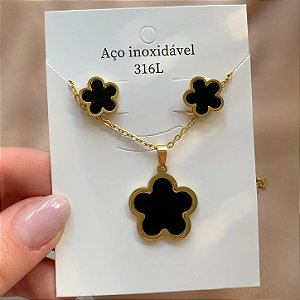 COLAR E BRINCO KIT FLOR MADREPÉROLA DOURADO AÇO 316L⭐️