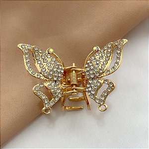 PRESILHA BORBOLETA ASAS PONTUDAS CRAVEJADA STRASS DOURADO BIJU