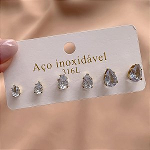 BRINCO KIT PEDRAS ZIRCÔNIAS GOTINHAS DOURADO AÇO 316L⭐️