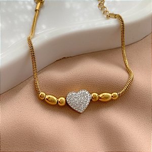 PULSEIRA CORRENTE BOLEADA PINGENTE CORAÇÃO ZIRCÔNIAS DOURADO AÇO 316L⭐️