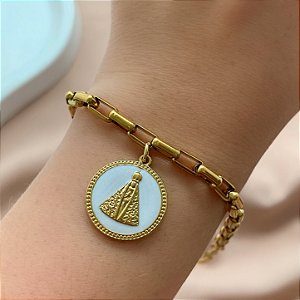 PULSEIRA CORRENTE PINGENTE NOSSA SENHORA ESMALTADO DOURADO AÇO 316L⭐️