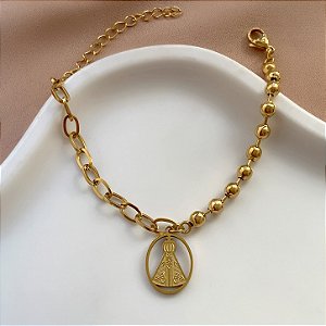 PULSEIRA CORRENTE E BOLAS PINGENTE NOSSA SENHORA DOURADO AÇO 316L⭐️