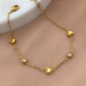 PULSEIRA MINI CORAÇÕES E PEDRINHAS DOURADO AÇO 316L⭐️