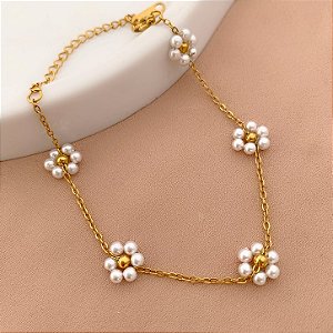 PULSEIRA FLORZINHA DE PÉROLAS DOURADO AÇO 316L⭐️