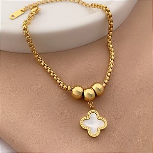 PULSEIRA CORRENTE GROSSA PINGENTE TREVO MADREPÉROLA DOURADO AÇO 316L⭐️