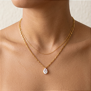 COLAR DUPLO CORRENTE E PINGENTE GOTA ZIRCÔNIA DOURADO AÇO 316L⭐️