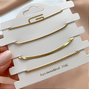 KIT 4 PULSEIRAS CORRENTES DIVERSAS BIA DOURADO AÇO 316L⭐️