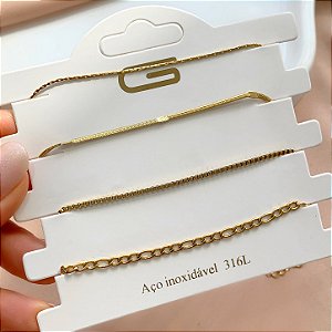KIT 4 PULSEIRAS CORRENTES DIVERSAS LIZ DOURADO AÇO 316L⭐️