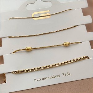KIT 4 PULSEIRAS CORRENTES DIVERSAS ANA DOURADO AÇO 316L⭐️