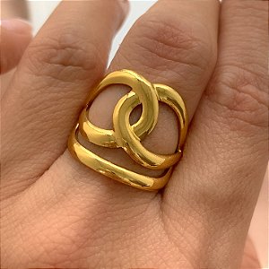 ANEL REGULÁVEL FIOS ENTRELAÇADOS DOURADO AÇO 316L⭐️
