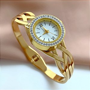 BRACELETE RELÓGIO FIOS TRANÇADOS DOURADO AÇO 316L⭐️