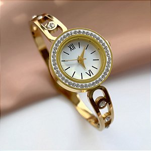 BRACELETE RELÓGIO PEDRAS ZIRCÔNIAS DOURADO AÇO 316L⭐️