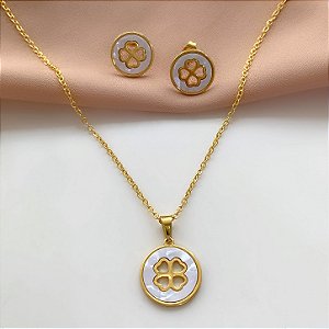 COLAR E BRINCO TREVO 4 FOLHAS MADREPÉROLA DOURADO AÇO 316L⭐️