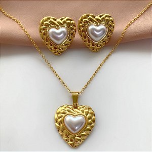 COLAR E BRINCO CORAÇÃO BORDA TEXTURIZADA E PÉROLA DOURADO AÇO 316L⭐️