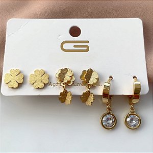 BRINCO KIT 3 PARES TREVO PINGENTE ZIRCÔNIA DOURADO AÇO 316L⭐️