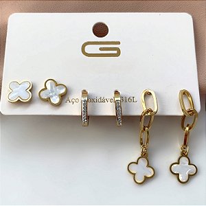 BRINCO KIT 3 PARES TREVINHOS MADREPÉROLA DOURADO AÇO 316L⭐️