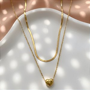 COLAR DUPLO FITA E MINI CORAÇÃO DOURADO AÇO 316L⭐️