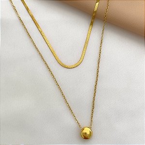 COLAR DUPLO FITA E BOLINHA DOURADO AÇO 316L⭐️