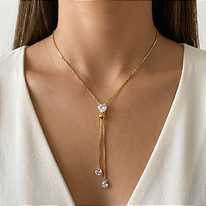 COLAR GRAVATINHA PEDRA CORAÇÃO ZIRCÔNIA DOURADO AÇO 316L⭐️