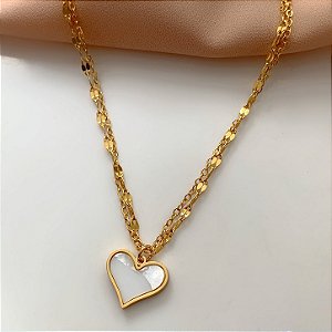 COLAR CORRENTE DUPLA DETALHADA PINGENTE CORAÇÃO ESMALTADO DOURADO AÇO 316L⭐️