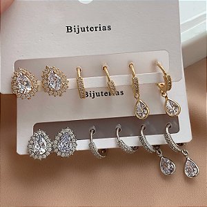BRINCO KIT ARGOLINHAS GOTA ZIRCÔNIAS BIJU