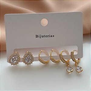 BRINCO KIT ARGOLINHAS GOTA ZIRCÔNIAS BIJU