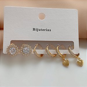 BRINCO KIT ARGOLINHAS ZIRCÔNIAS E CORAÇÃO BIJU