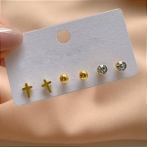 BRINCO KIT MINI CRUZ BOLINHA E ZIRCÔNIA DOURADO BIJU