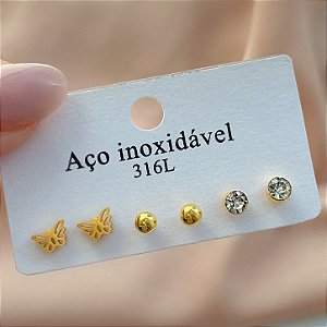 BRINCO KIT MINI BORBOLETA BOLINHA E ZIRCÔNIA DOURADO AÇO 316L⭐️