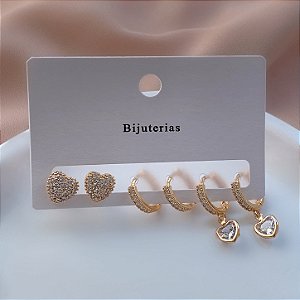 BRINCO KIT ARGOLINHAS ZIRCÔNIAS E CORAÇÃO MAJU BIJU