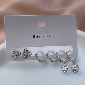 BRINCO KIT ARGOLINHAS ZIRCÔNIAS E CORAÇÃO MAJU BIJU