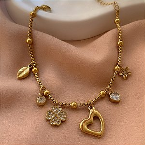 PULSEIRA CORRENTE PINGENTES VARIADOS CORAÇÃO VAZADO DOURADO AÇO 316L⭐️