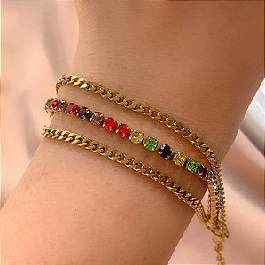 PULSEIRA TRIPLA CORRENTES E RIVIERAS DOURADO AÇO 316L⭐️