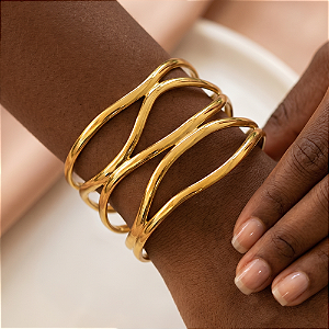 BRACELETE GROSSO FIOS ONDULADOS DOURADO AÇO 316L⭐️