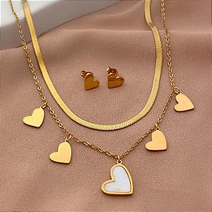 COLAR E BRINCO CORAÇÃO MADREPÉROLA DOURADO AÇO 316L⭐️