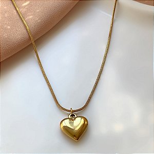 COLAR CORRENTE RABO DE RATO PINGENTE CORAÇÃO BOLEADO DOURADO AÇO 316L⭐️