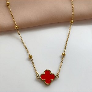COLAR CORRENTE BOLINHA PINGENTE TREVO ESMALTADO DOURADO AÇO 316L⭐️