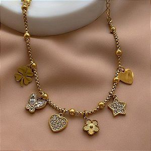 PULSEIRA CORRENTE PINGENTES VARIADOS BORBOLETA DOURADO AÇO 316L⭐️