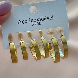 BRINCO KIT ARGOLAS FIO ACHATADO LISO DOURADO AÇO 316L⭐️