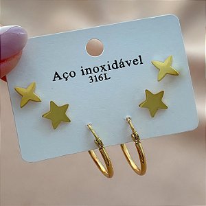 BRINCO KIT 3 PARES ARGOLA E ESTELA DOURADO AÇO 316L⭐️