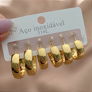 BRINCO KIT ARGOLAS LISAS CLÁSSICAS LARGAS DOURADO AÇO 316L⭐️