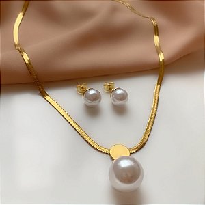 COLAR E BRINCO KIT PÉROLA DOURADO AÇO 316L⭐️