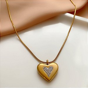 COLAR PINGENTE CORAÇÃO DUPLO COM ZIRCÔNIA DOURADO AÇO 316L⭐️